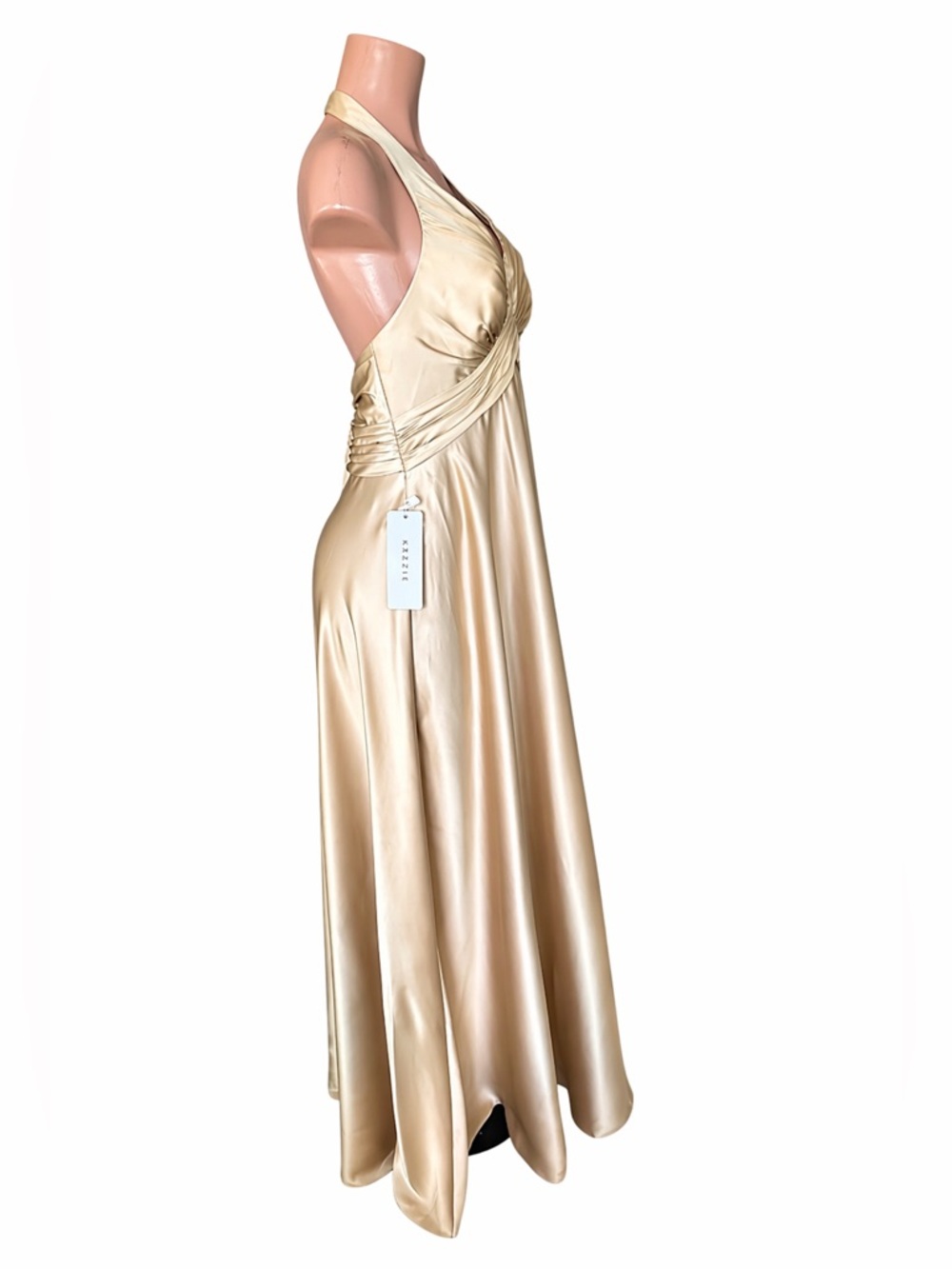 Azazie Tessie Champagne A-Line Halter Stretch Satin Maxi Dress Size A12 - Picture 4 of 10